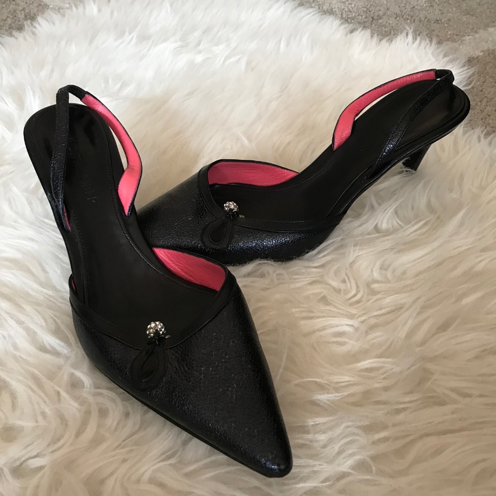 Judith Leiber Black Slingback Pointed Toe Silver Charm Vintage Style Heels